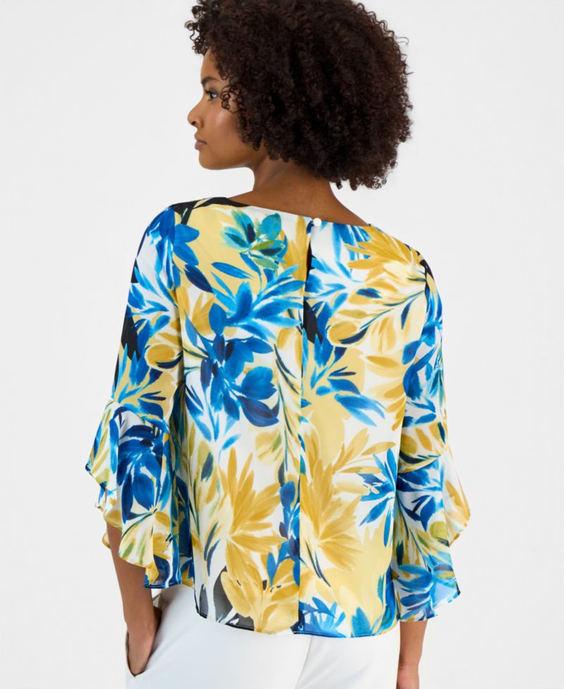 Women's 3/4 Ruffle-Sleeve Printed Boatneck Top, Regular & Petite