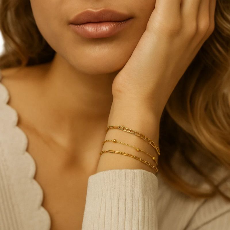 Adriana 3-Piece Stackable Bracelet Trio Set, Beaded, Figaro, Paperclip Link
