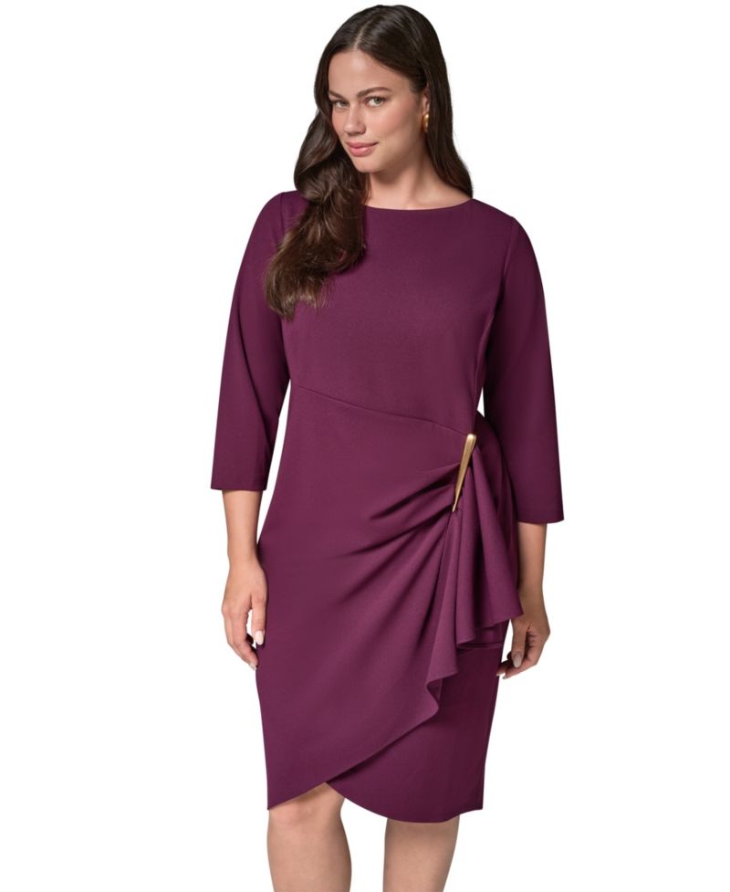 Petite Long-Sleeve Boat-Neck Side Cascade Ruffle Dress