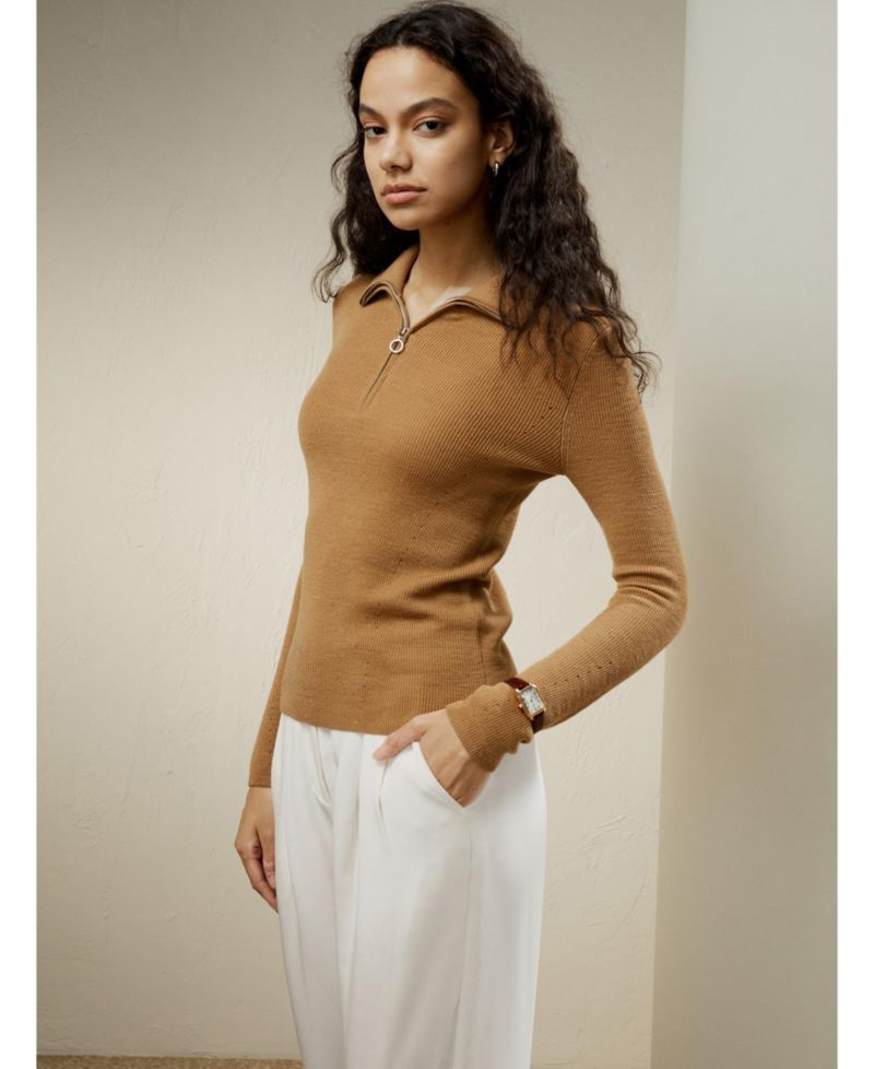 Women's Gaia Ribbed Half Zip Ultra-fine Wool Sweater