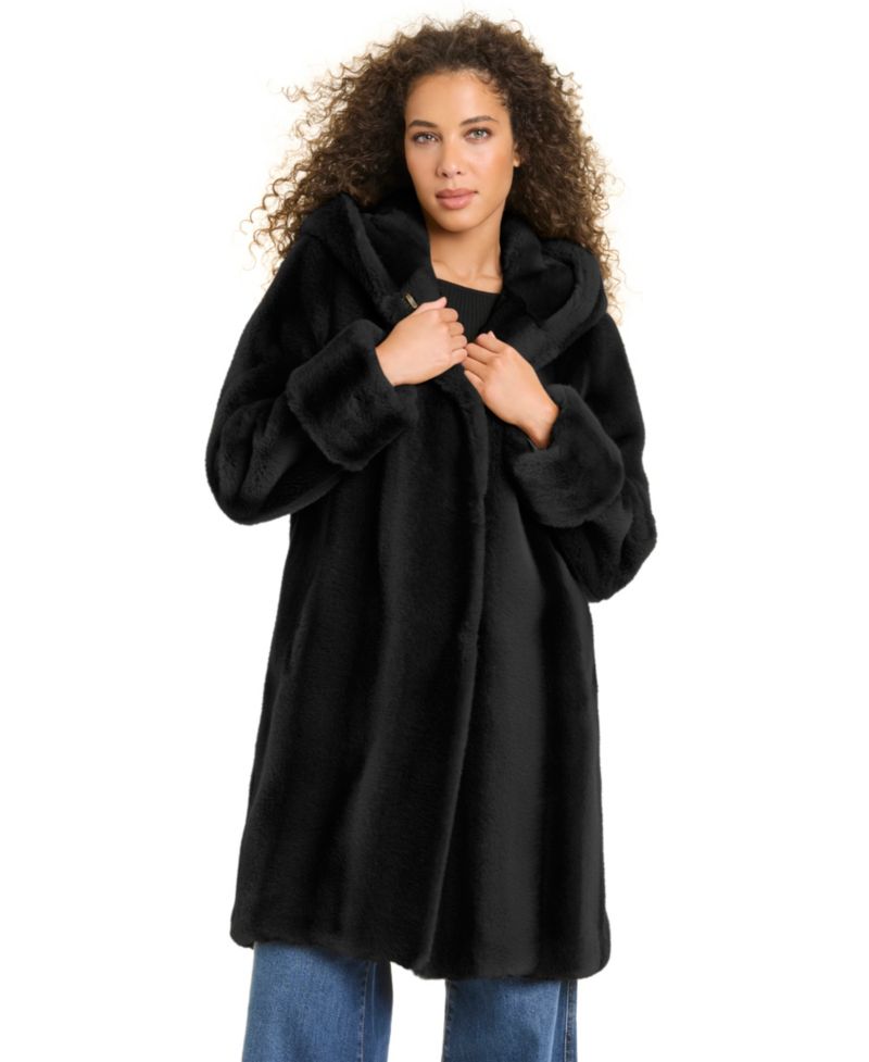 Petite Hooded Faux-Fur Polyester Mid-Length Coat, Created for Macy's