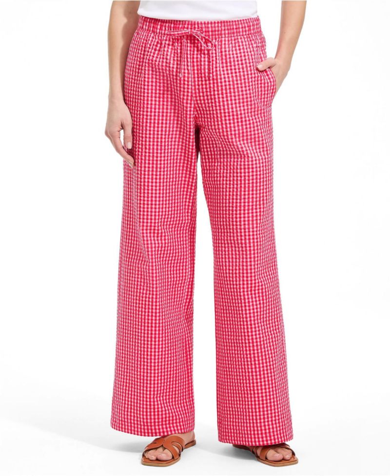 Women's Seersucker High Rise Drawstring Wide Leg Pants