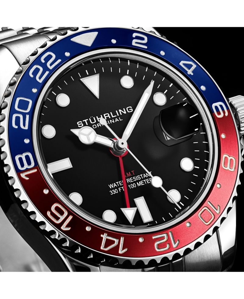 Meridian 3968 Men s GMT Diver Watch - Quartz Movement, 42mm Stainless Steel Case, Black Dial, Red/Blue Bezel