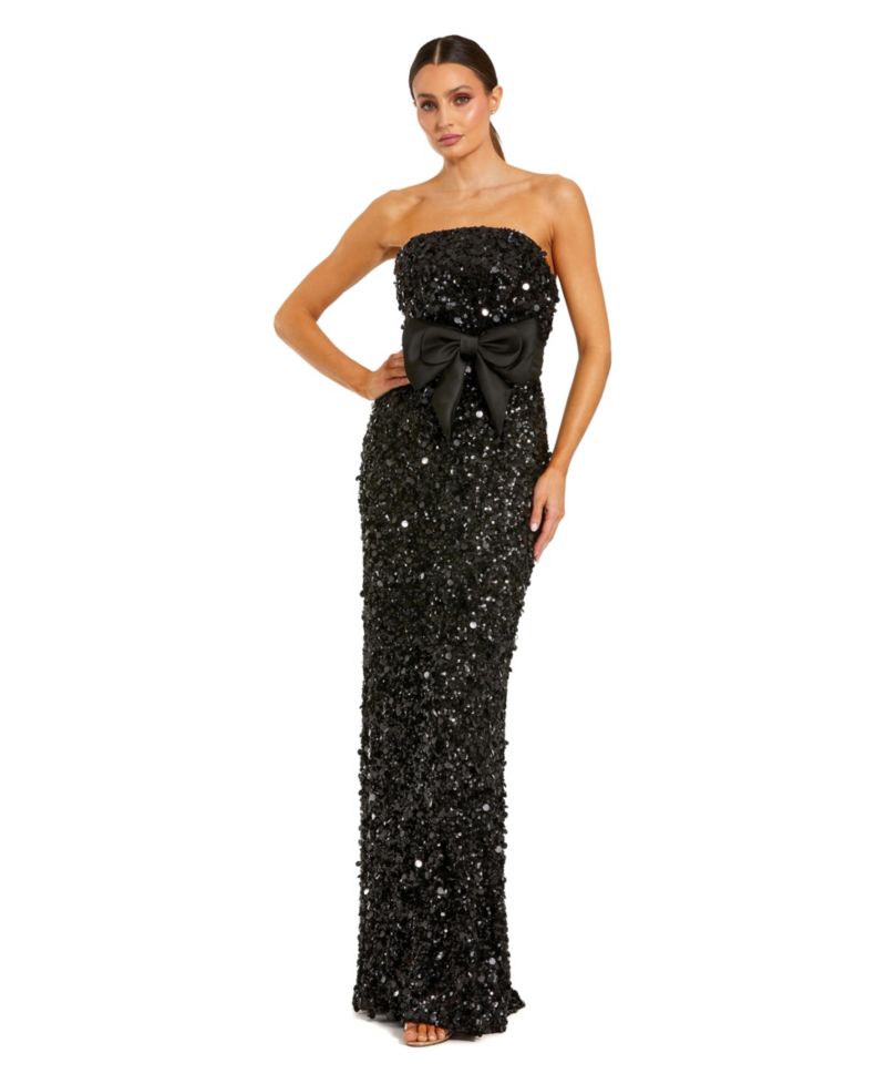 Women's Strapless Sequin Column Gown with Velvet Bow