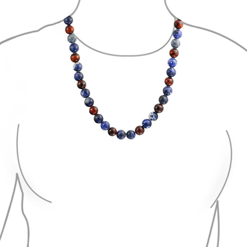 Blue Sodalite Brown Tiger Eye Ball Bead Strand Necklace Stainless Steel