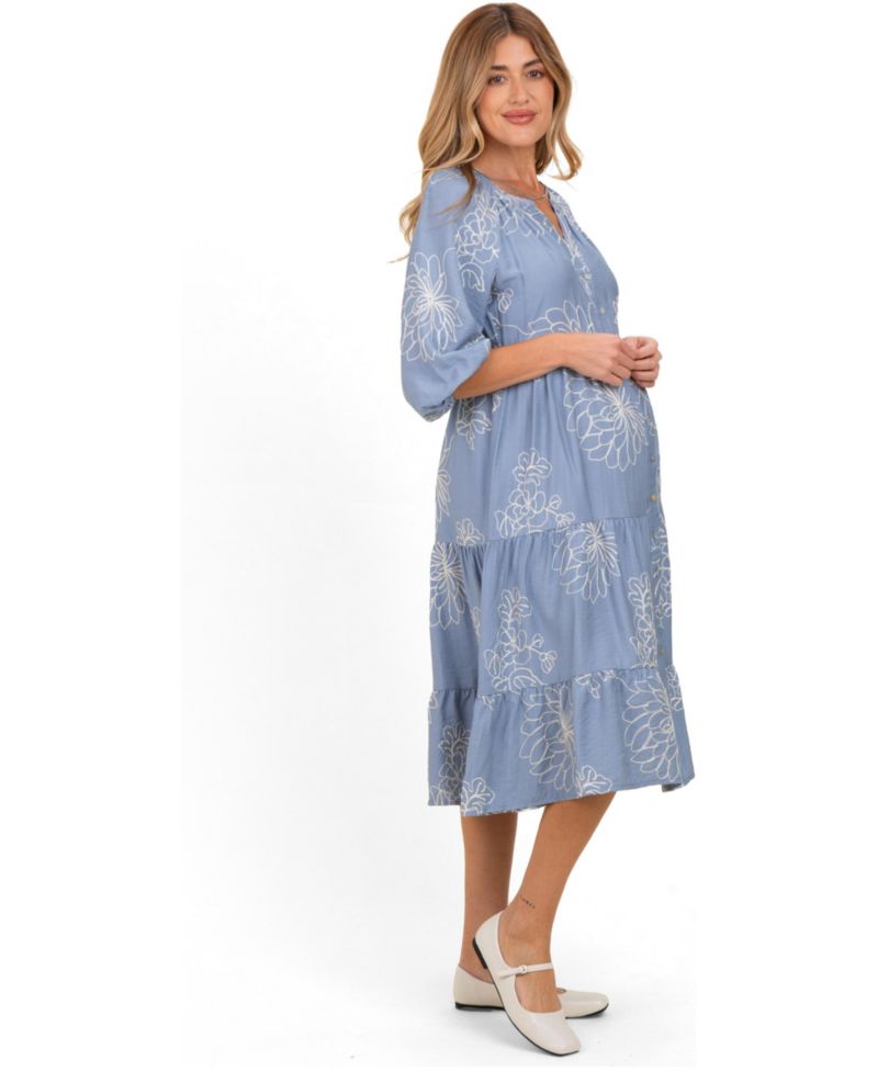 Women's Blue Embroidered Tiered Midi Shirt Dress