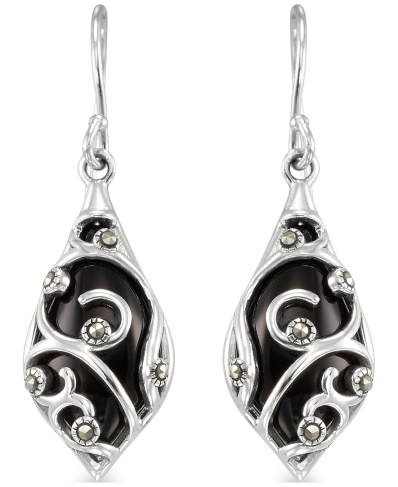 Marcasite (0.06 ct. t.w.) and Onyx (2-1/2 ct. t.w.) Dangle Earrings in Sterling Silver