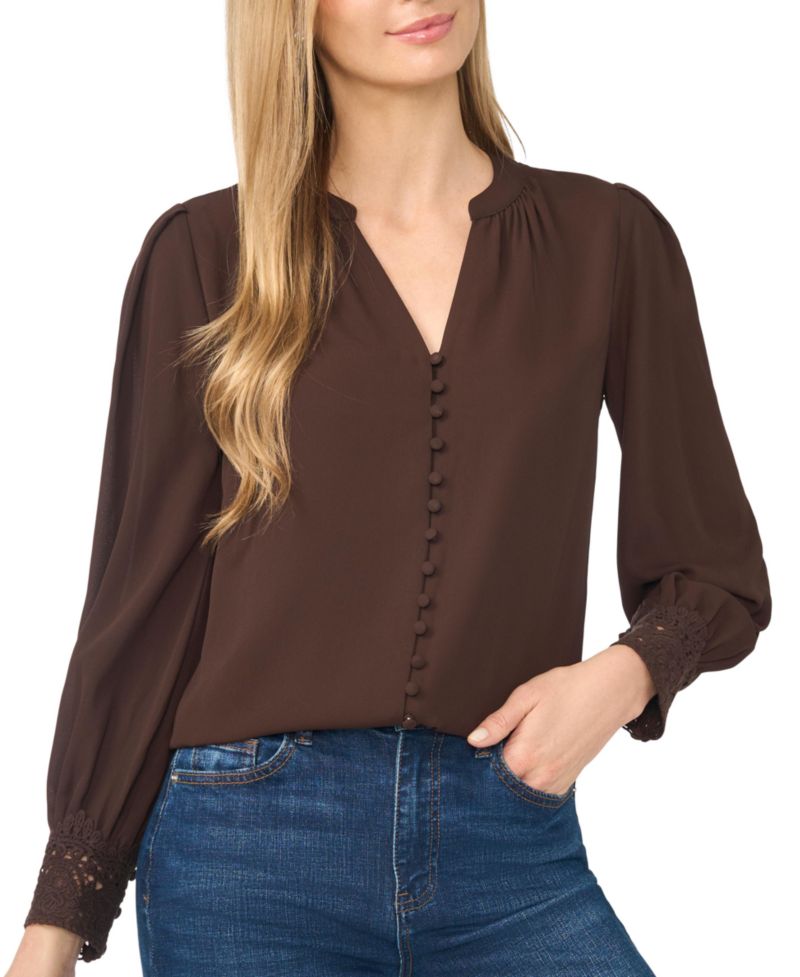 Women's Long-Sleeve V-Neck Lace-Cuff Blouse