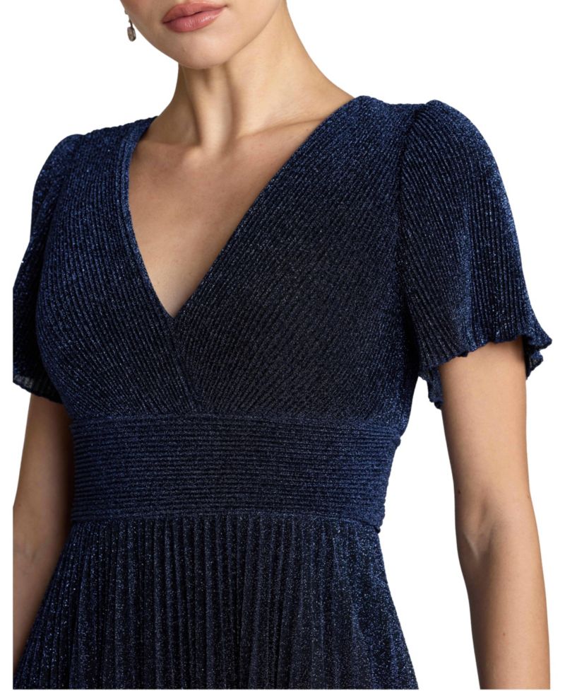 Petite Pleated Metallic Flutter Sleeve A Line Gown