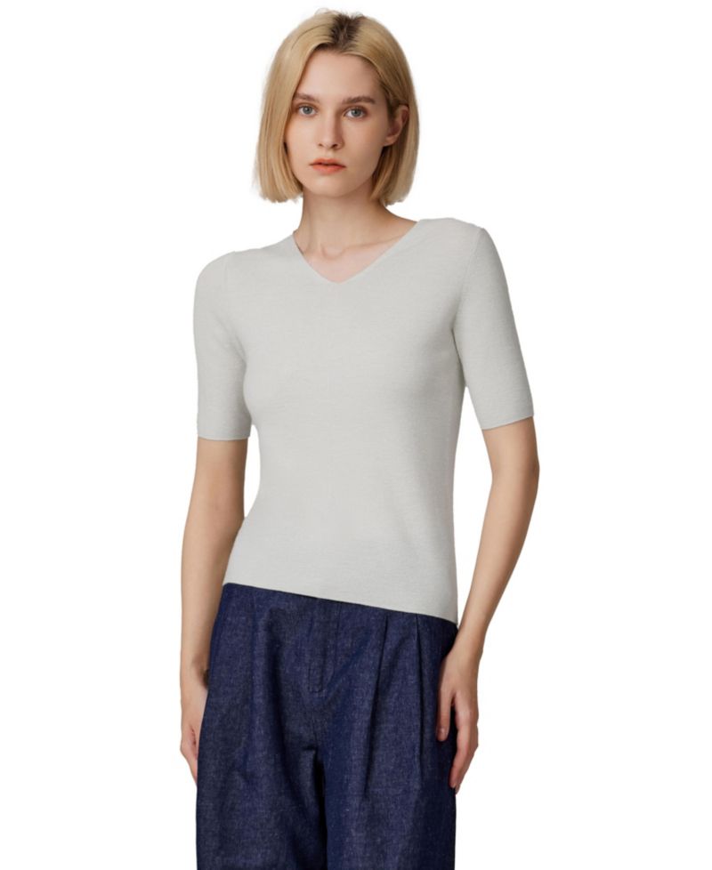 Women's Merino Wool Lurex Sweater | Shimmer Fine gauge V-Neck Short Sleeve Top | Machine Washable Pullover