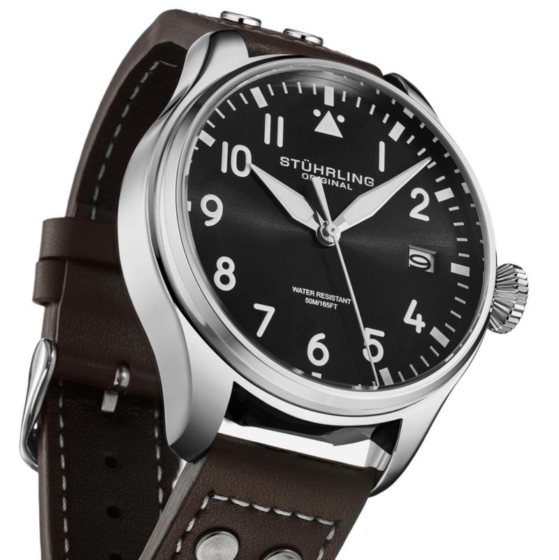 Airman 4078 Men s Quartz Pilot Watch, 43mm Alloy Case with Leather Strap