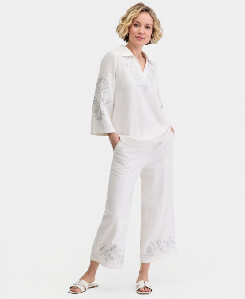Women's Collared Embroidered Linen-Blend 3/4-Sleeve Top