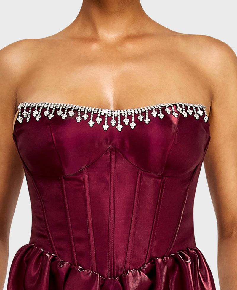 Juniors' Strapless Corset Bodice Dress with Draped Jewels at Top Trim