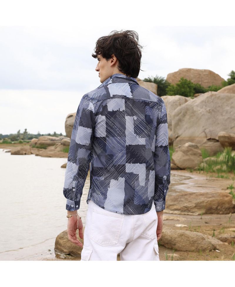 Men's Navy Blue Abstract Block Shirt