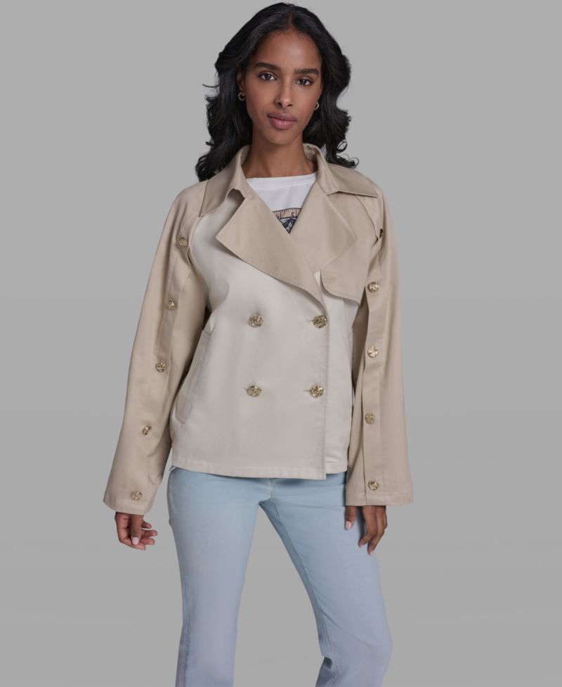 Women's Crop Trench Button-Sleeve Quilted Back Jacket