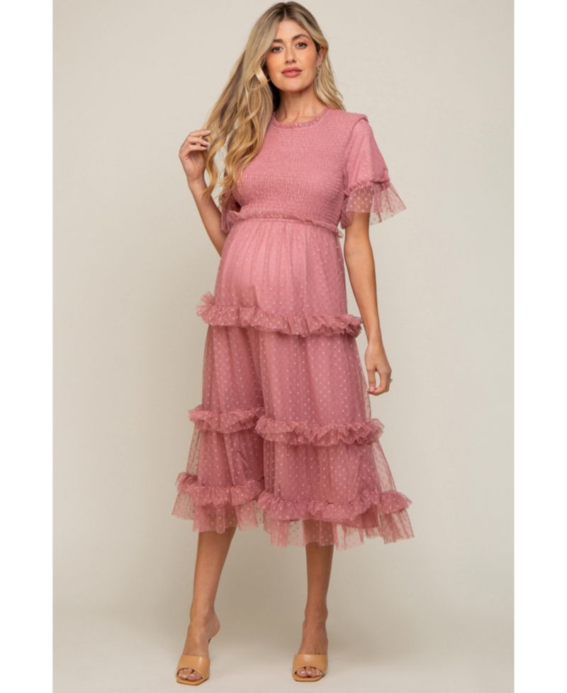 Women's Pink Polka Dot Tulle Smocked Midi Dress