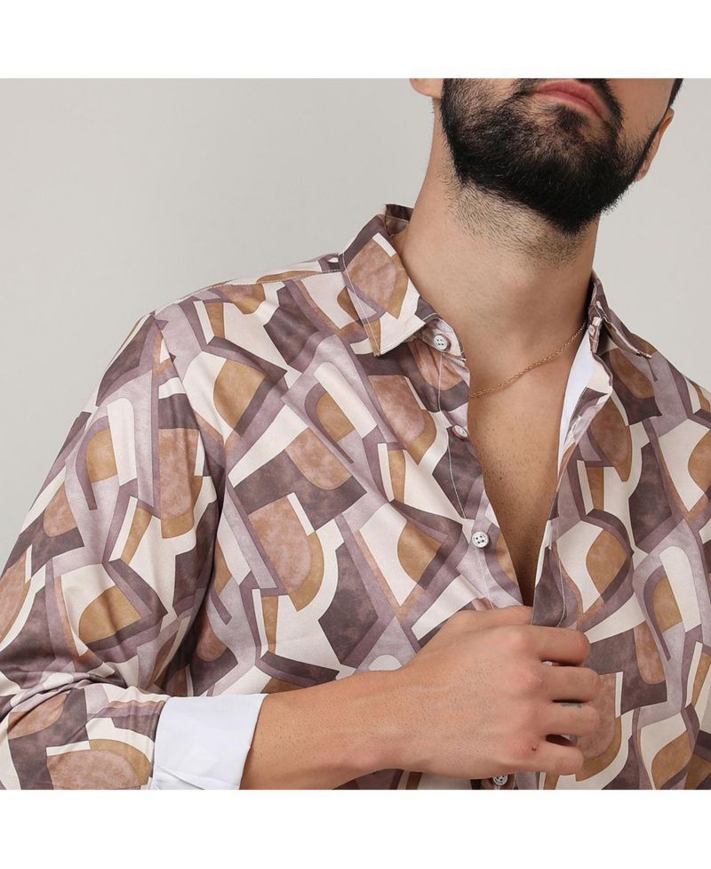 Men's Pale Yellow & Mocha Brown Abstract Block Shirt