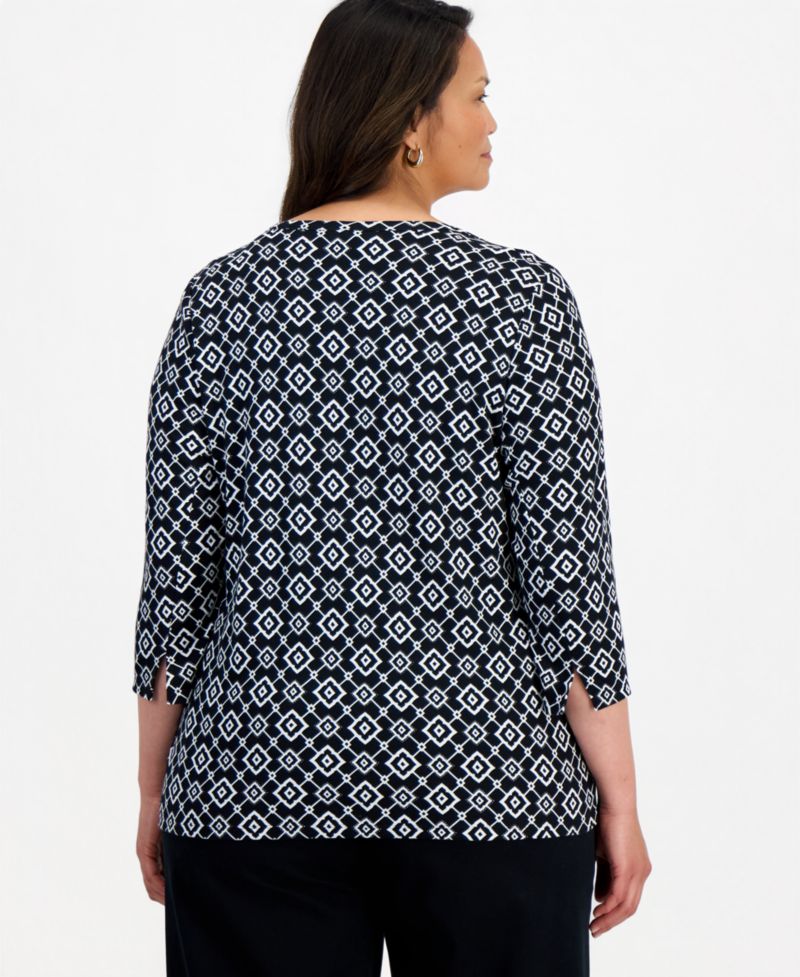 Petite Printed Pima Cotton 3/4-Sleeve Boat Neck Top