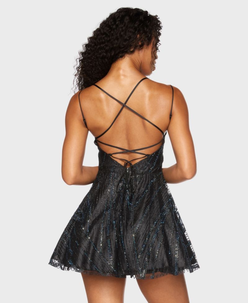 Juniors' Sweetheart-Neck Glitter-Mesh Lace-Up-Back Dress