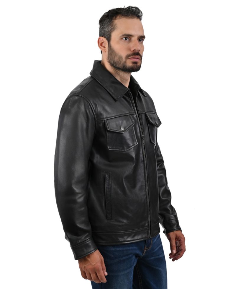 Men's Genuine Leather Regular-Fit Collared Neck Jacket