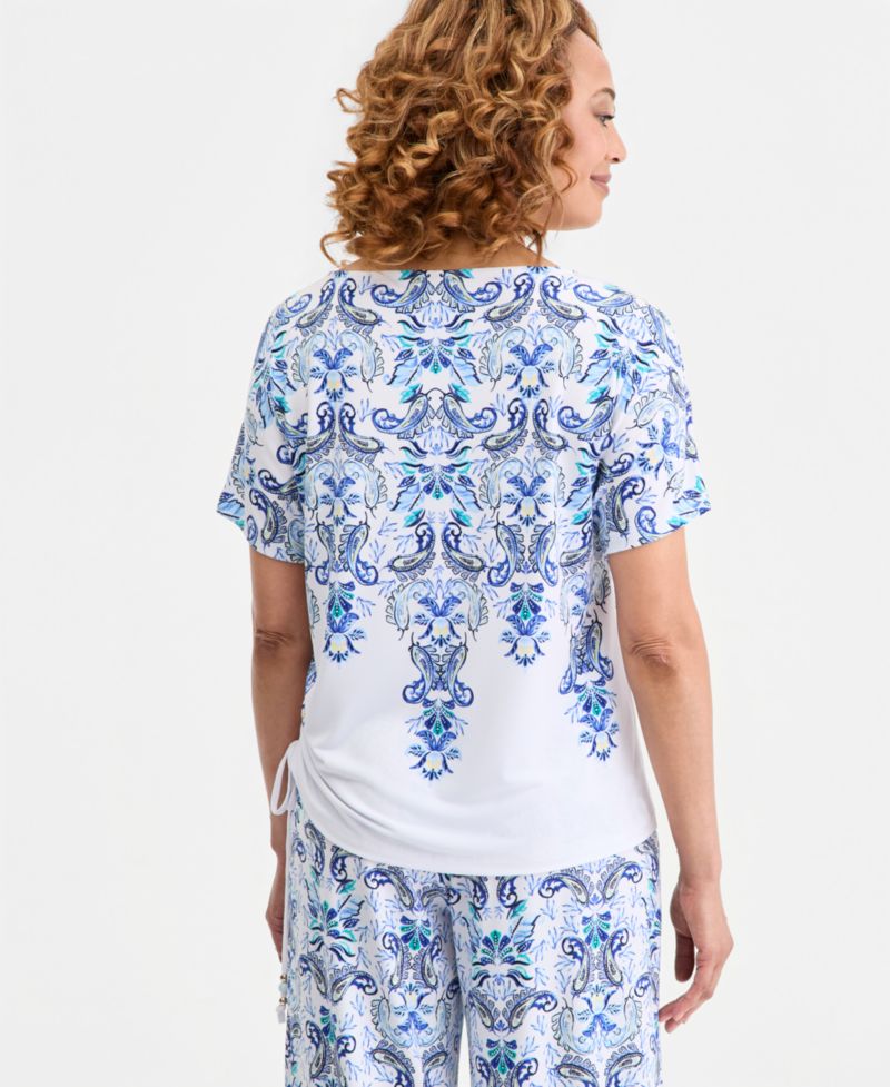 Women's Printed Side Ruched Boat-Neck Top