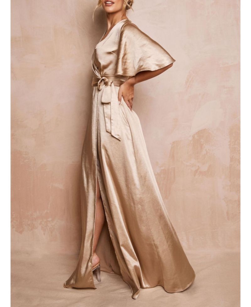 Women's Wrap Tie Satin Bridesmaid Dress