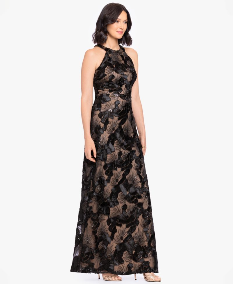Petite Sequined Soutache Halter Gown
