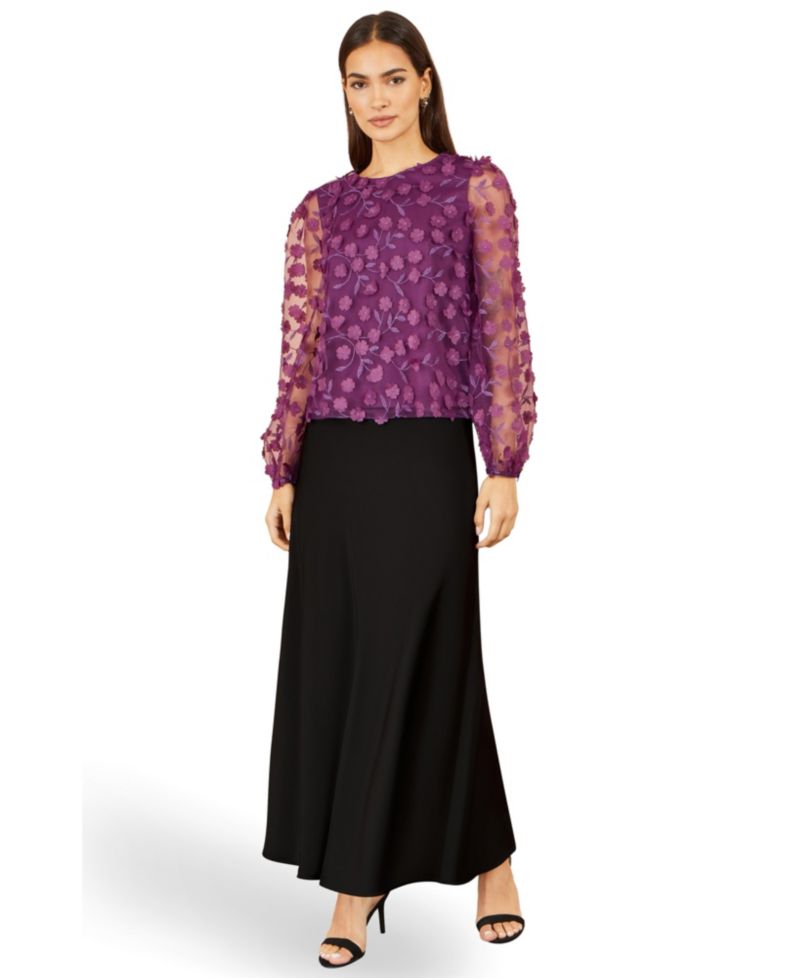 Women's Floral Applique Sheer Long-Sleeve Blouse
