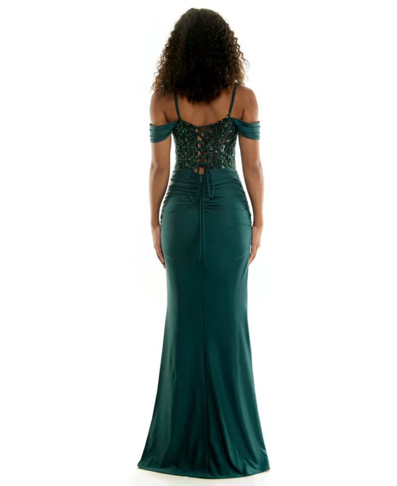 Juniors' Off-the-Shoulder Beaded Lace-up Back Gown
