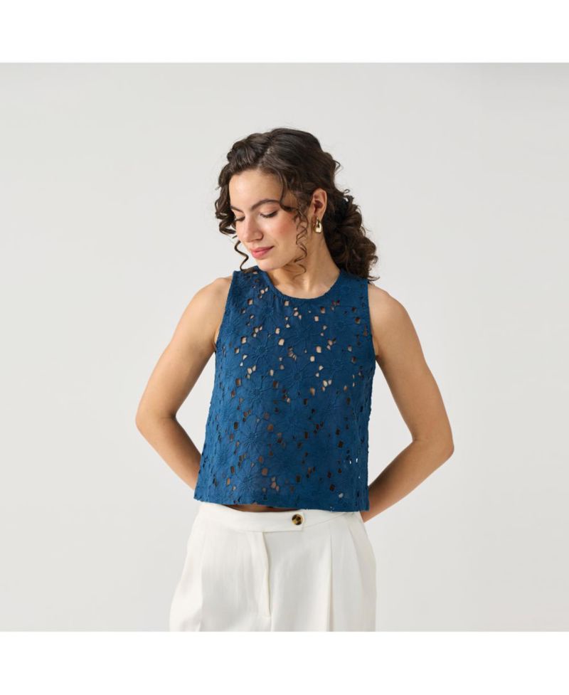 Women's Embroidered Sleeveless Button-Back Top