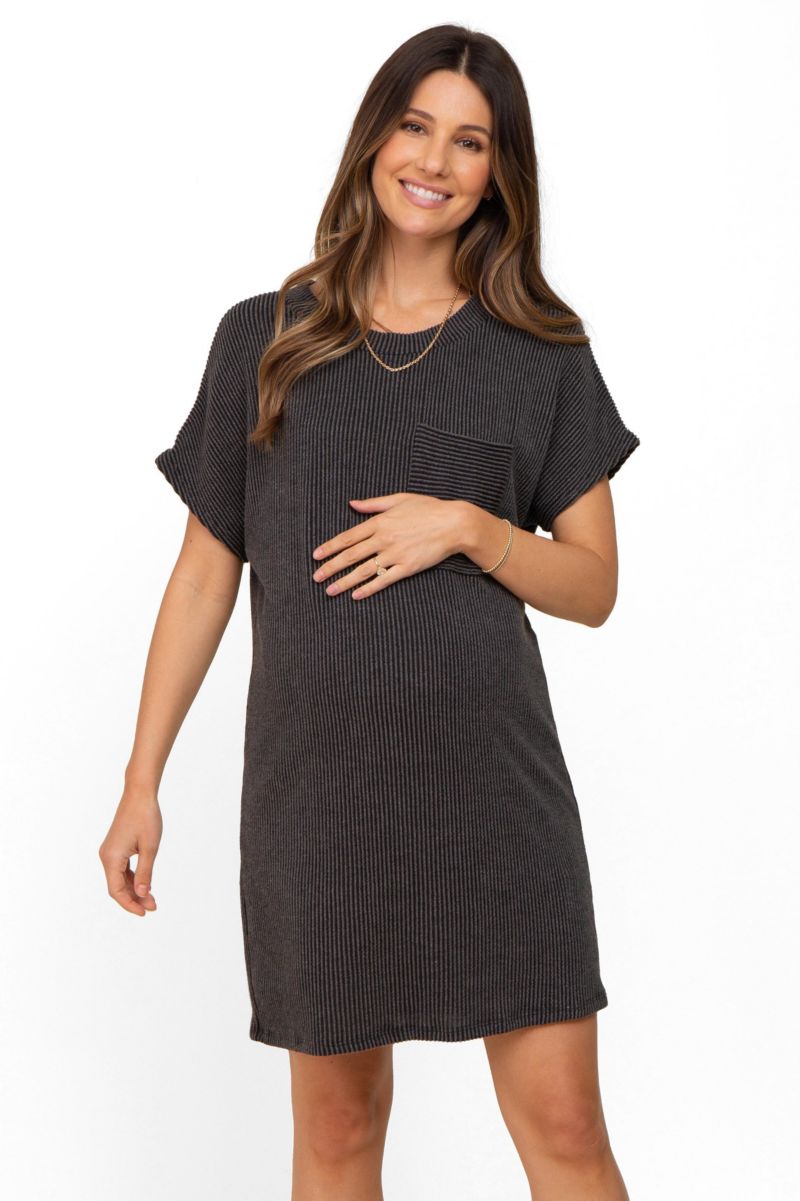 Women's Charcoal Ribbed Front Pocket Dolman Short Sleeve Dress