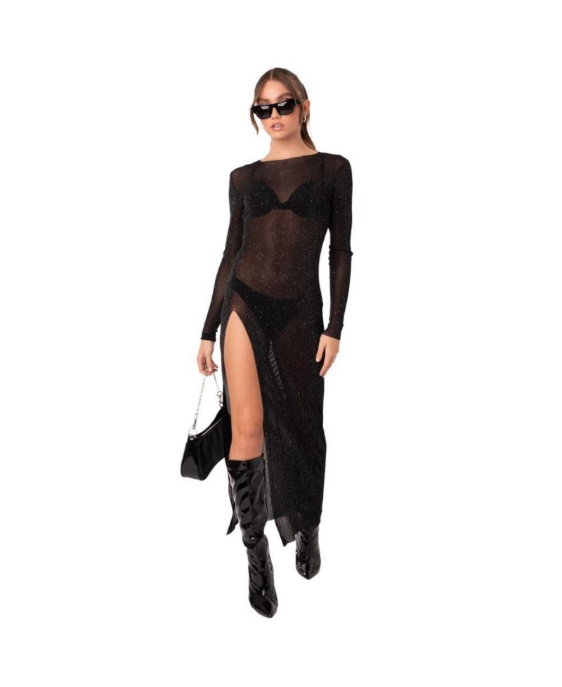 Women's Shiny Mesh Maxi Slit Dress