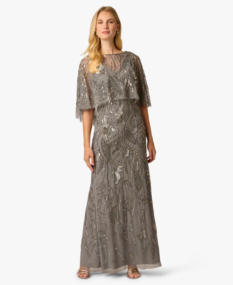 Women's Beaded Cape V-Neck Long Gown