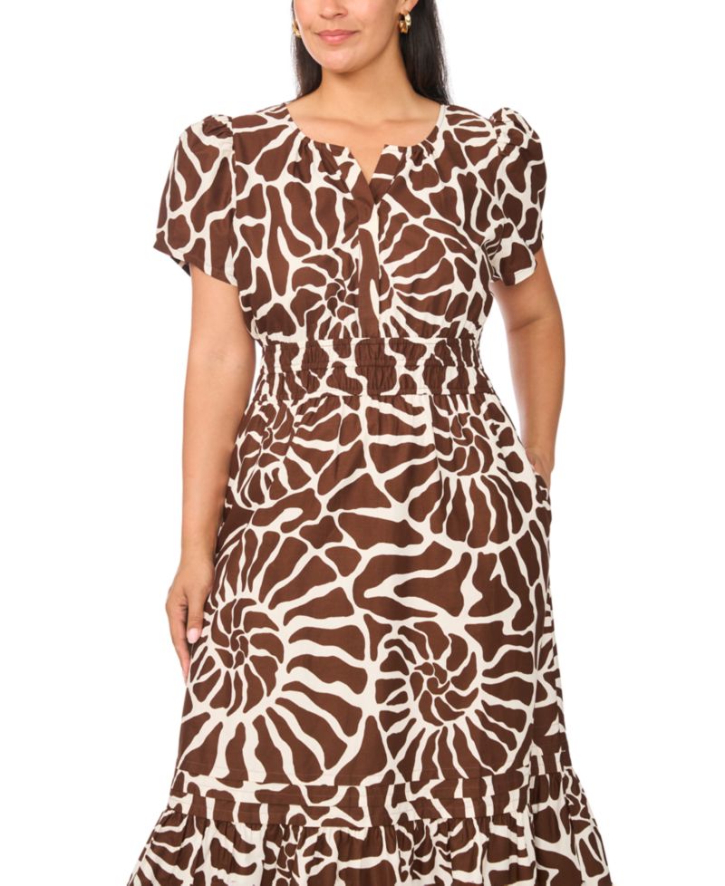 Plus Size Printed Split-Neck Tiered Cotton Maxi Dress