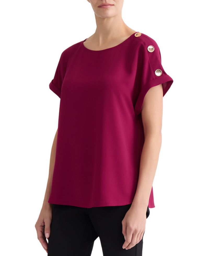 Petite Shoulder-Button-Detail Boat-Neck Short-Sleeve Blouse