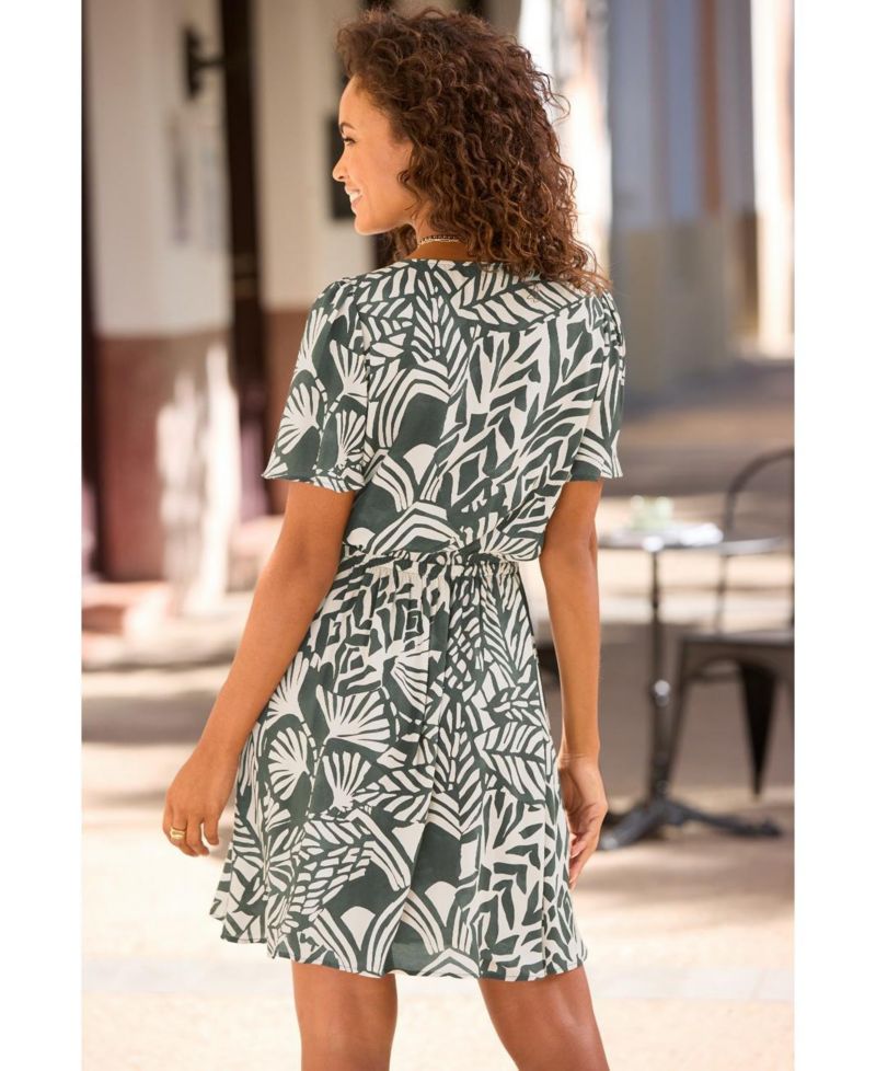 Women's Viscose Printed Flutter-Sleeve Fit-and-Flare V-Neck Short Dress
