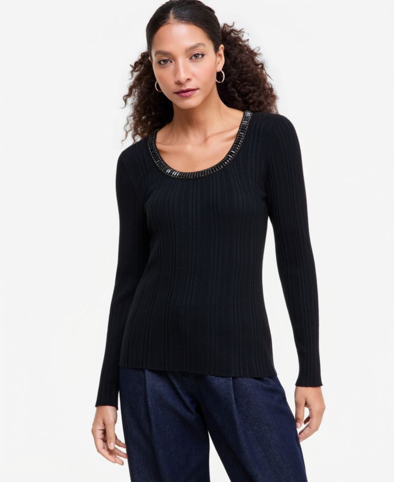 Women's Embellished Scoop Neck Ribbed Sweater