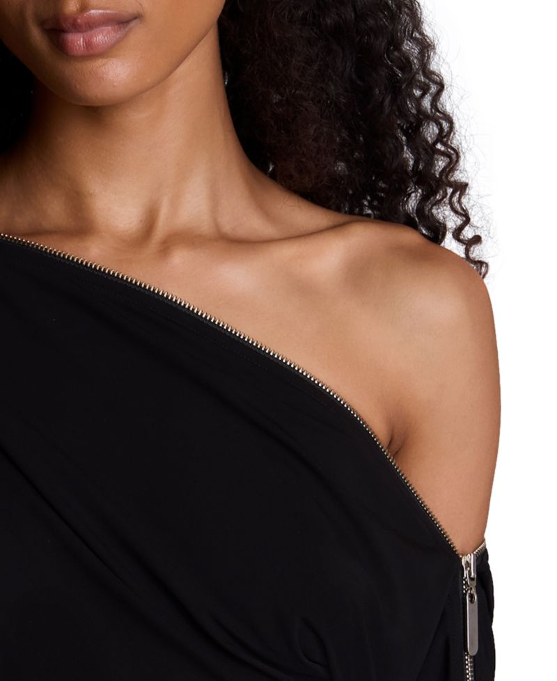 Women's Zipper Shoulder Mini Off-the-Shoulder Long-Sleeve Body-Con Dress