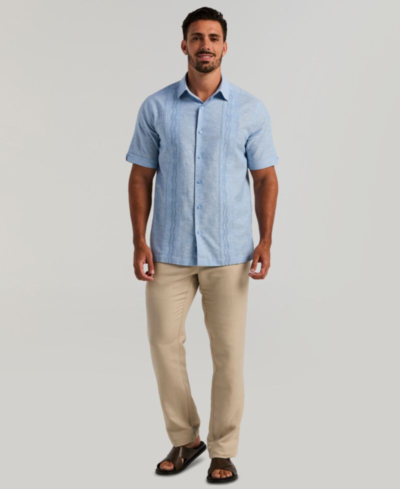 Men's Multi-Tuck Embroidery Classic-Fit Cotton-Linen Blend Short-Sleeve Guayabera Shirt