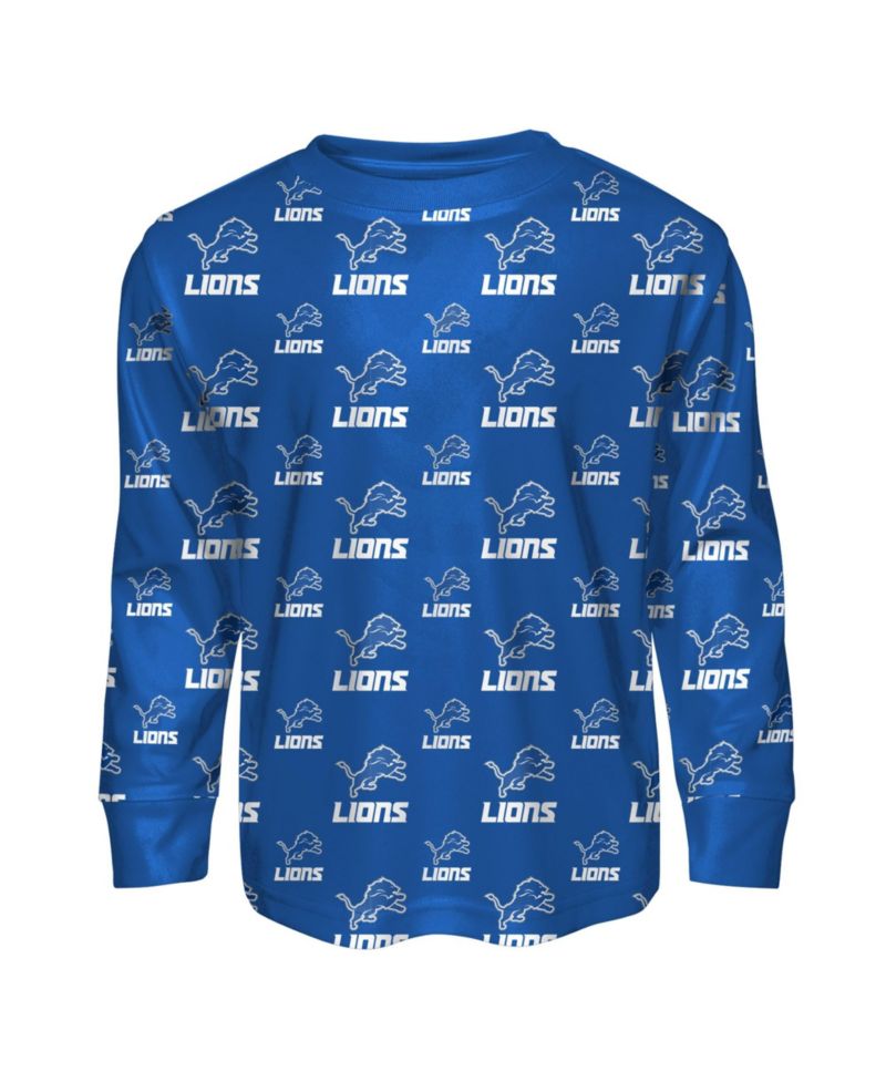 Big Boys and Girls Blue Detroit Lions All-Over-Print Long Sleeve T-Shirt and Pants Sleep Set