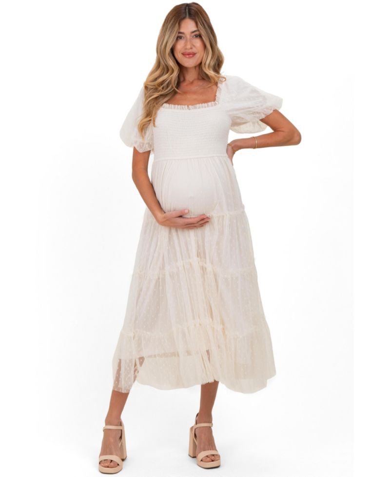 Women's CreamTulle Puff Sleeve Smocked Midi Dress