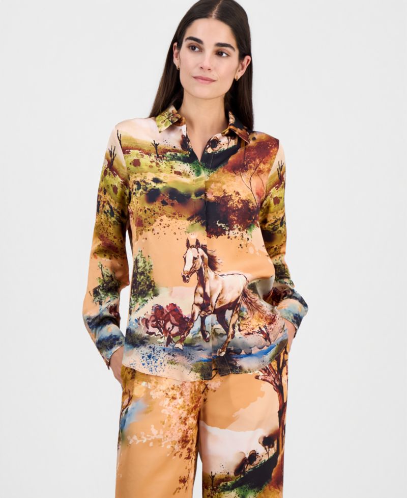 Women's Printed Long-Sleeve Button-Down Blouse