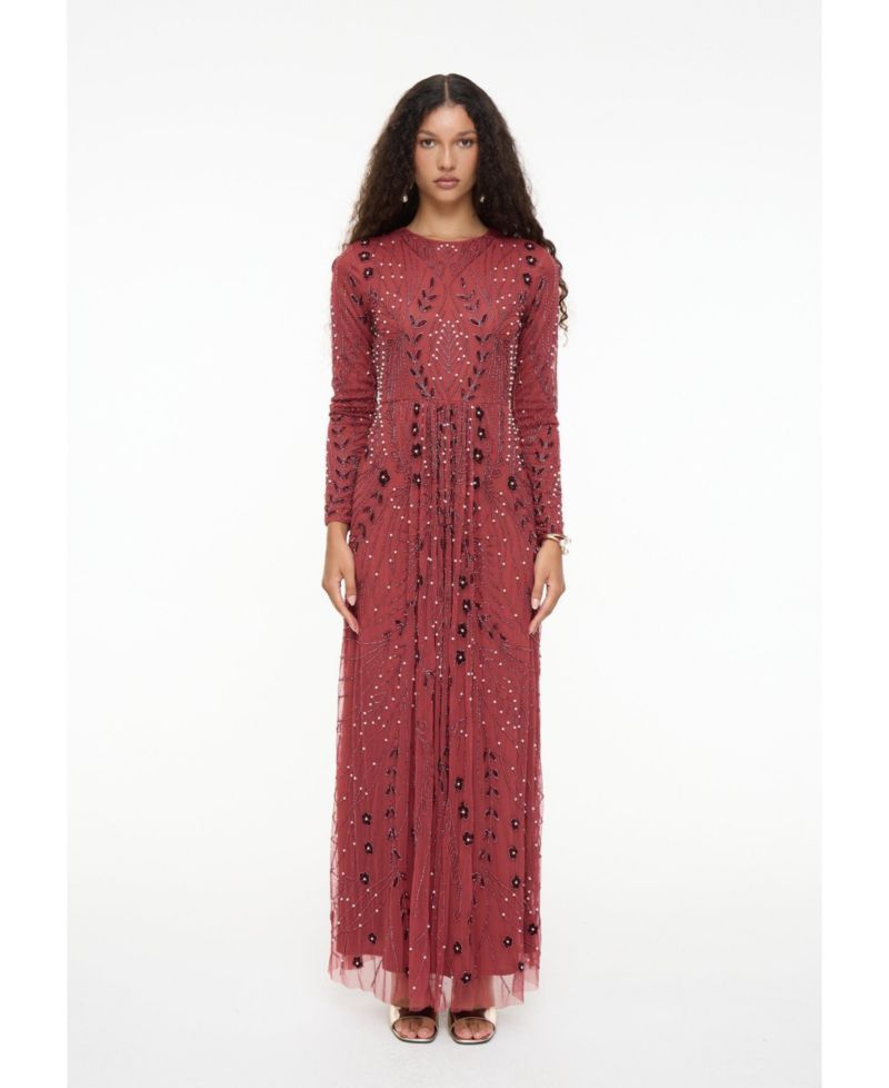 Women's Modest Embellished Sequin Beaded Dress Maxi With Designer Bottom