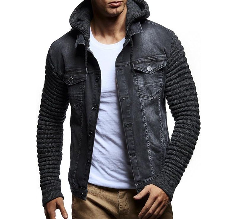 Men's LN5240 Casual Denim Jacket with Knitted Sleeves