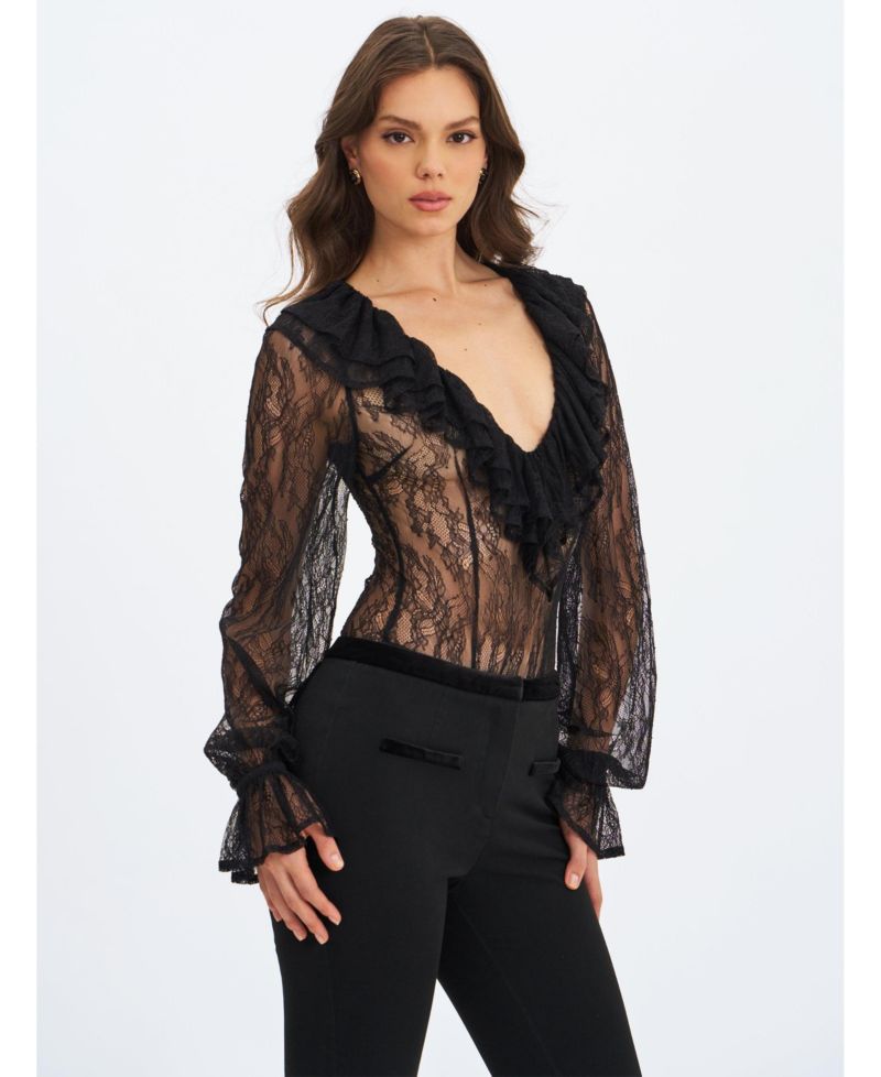 Women's Taliah Black Sheer Lace Ruffled Collar Bodysuit