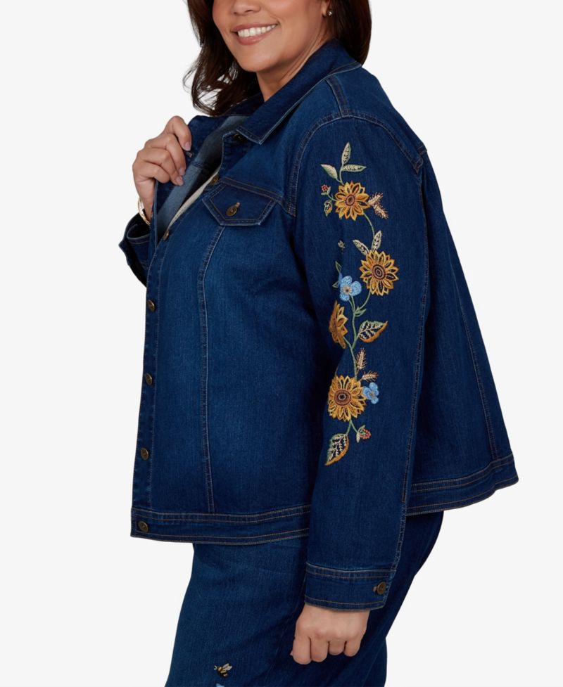 Plus Size Floral-Embroidered Denim Jacket