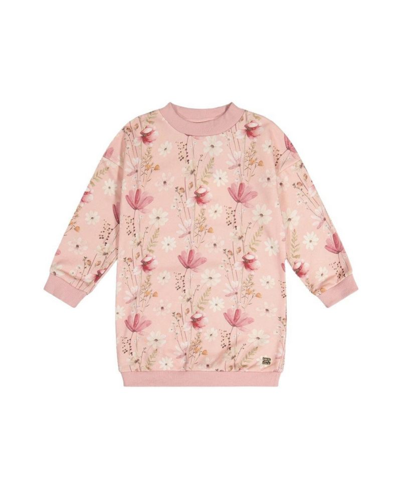 Little and Big Girl (6-12) French Terry Dress Pink Printed Flowers