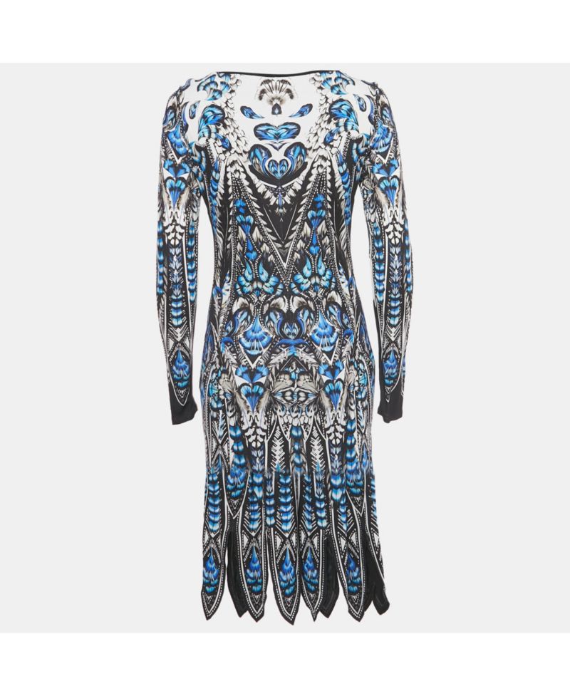 Women's Blue Printed Jersey Long Sleeve Dress