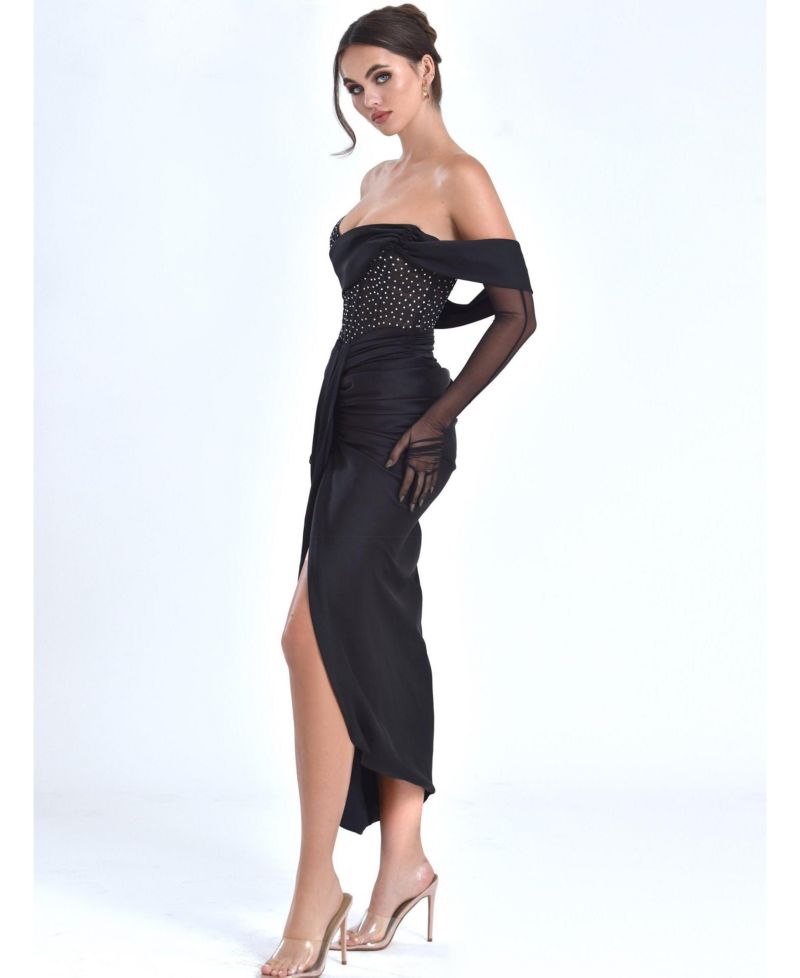 Women's Stella Black Off Shoulder Crystal Corset Satin Gown