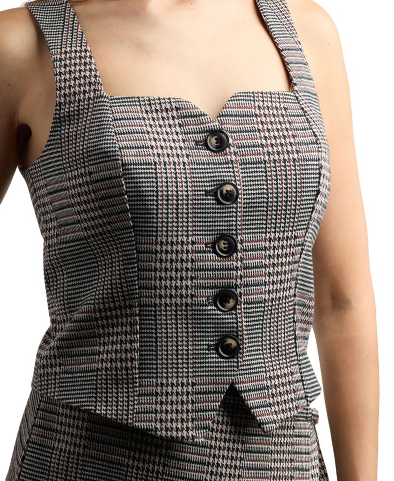 Juniors' Double-Knit Plaid Square-Neck Vest